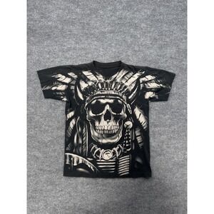 Y2K RARE Liquid Blue Skeleton Indian Native Chief Skull Shirt AOP sz S Dbl Side